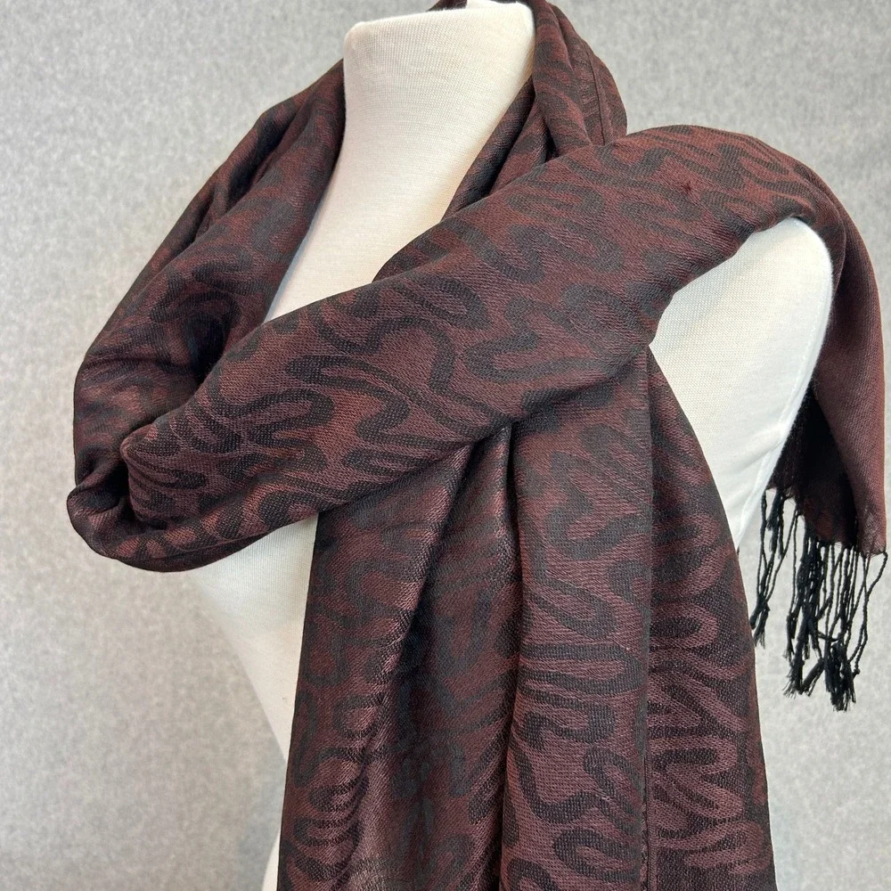 Wool Silk Blend Scarf Wrap Burgundy Black Abstract Doodle Squiggle Artsy Fringe